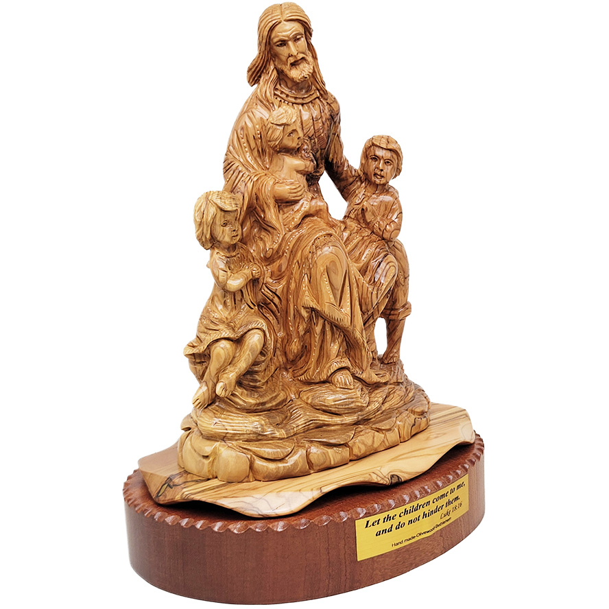 ‘Jesus Blesses The Children’ Biblical Olive Wood Carving – Made in Israel – side view