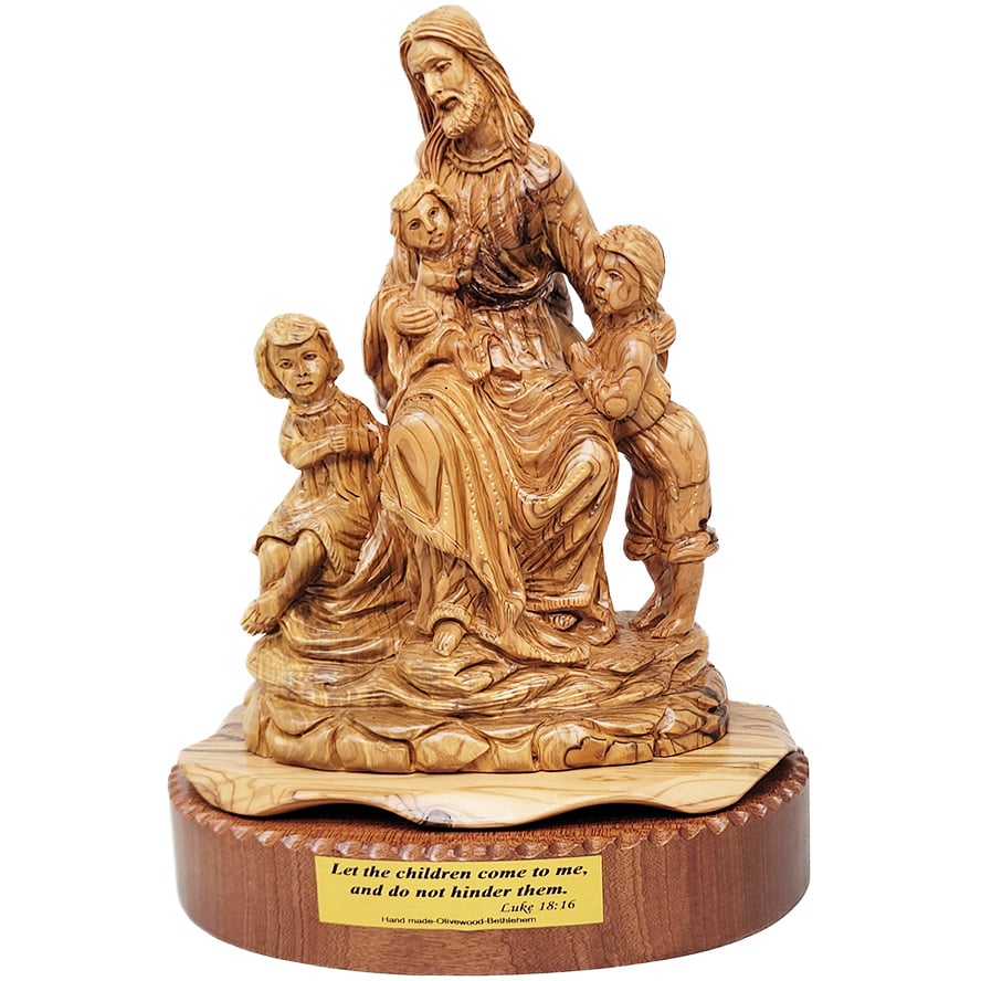 'Jesus Blesses The Children' Biblical Olive Wood Carving - Made in Israel - 13"