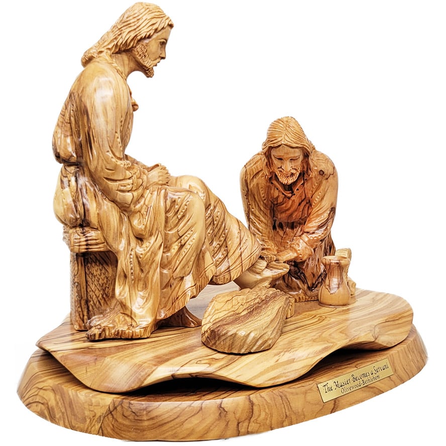 ‘The Master Becomes a Servant’ Jesus Washes Feet – Olive Wood Carving – Made in Israel – side view