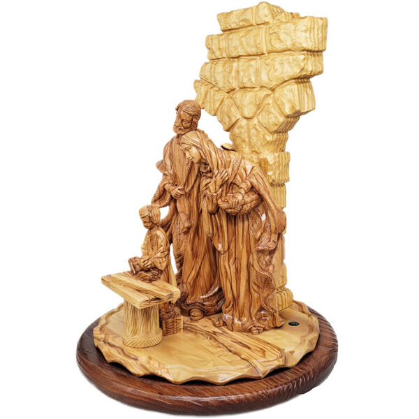 'Jesus Learning Carpentry' with Joseph the Carpenter and Mary - Biblical Wooden Carving - (side view)