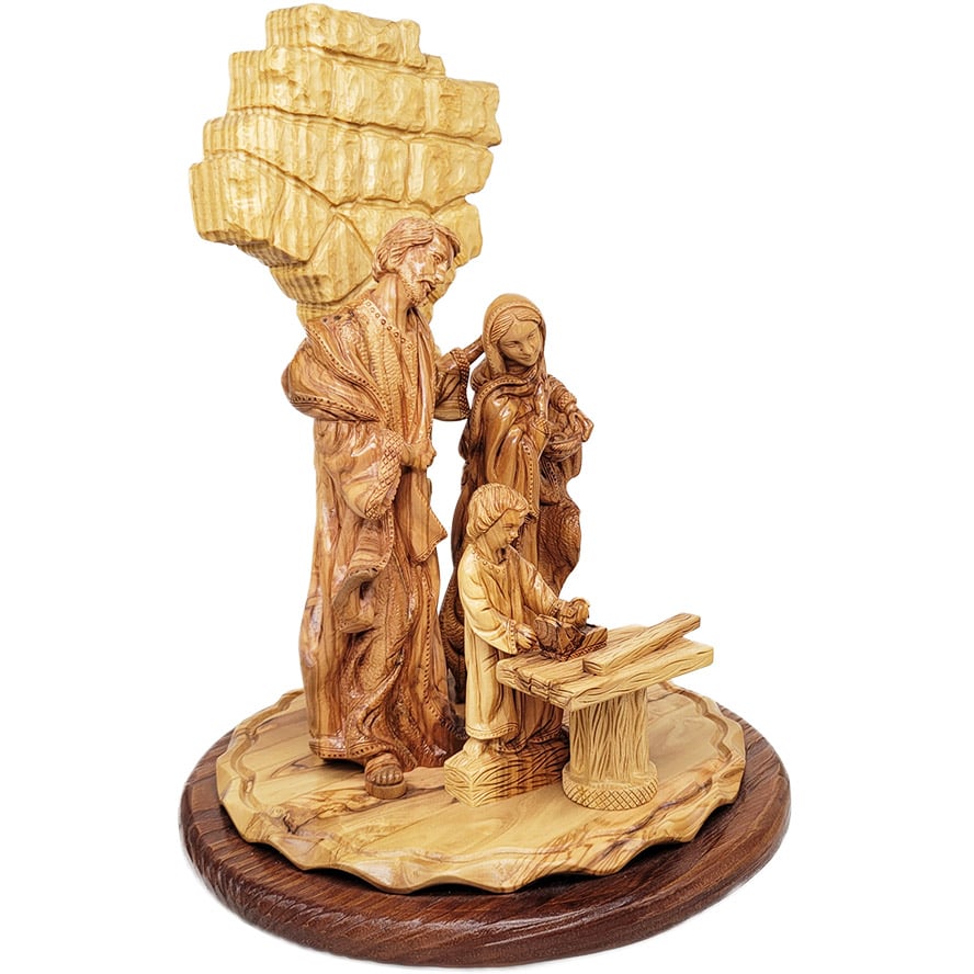 ‘Jesus Learning Carpentry’ with Joseph the Carpenter and Mary – Biblical Wooden Carving – (right side view)