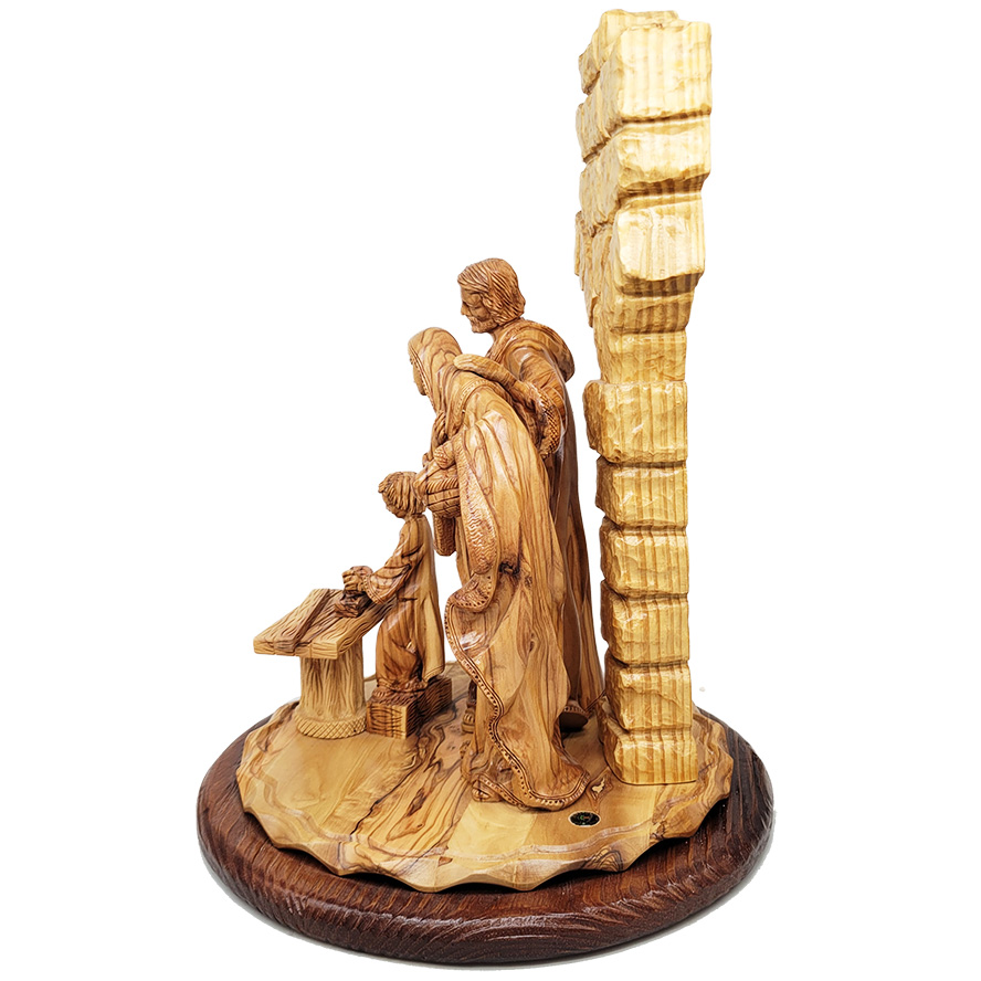 ‘Jesus Learning Carpentry’ with Joseph the Carpenter and Mary – Biblical Wooden Carving – (left side view)