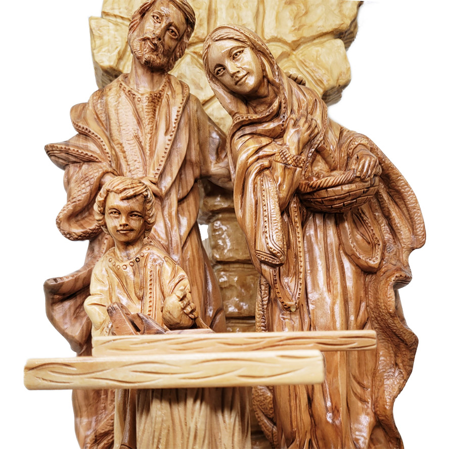 ‘Jesus Learning Carpentry’ with Joseph the Carpenter and Mary – Biblical Wooden Carving – (detail)