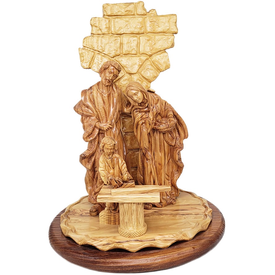 'Jesus Learning Carpentry' with Joseph the Carpenter and Mary - Biblical Wooden Carving - 16"