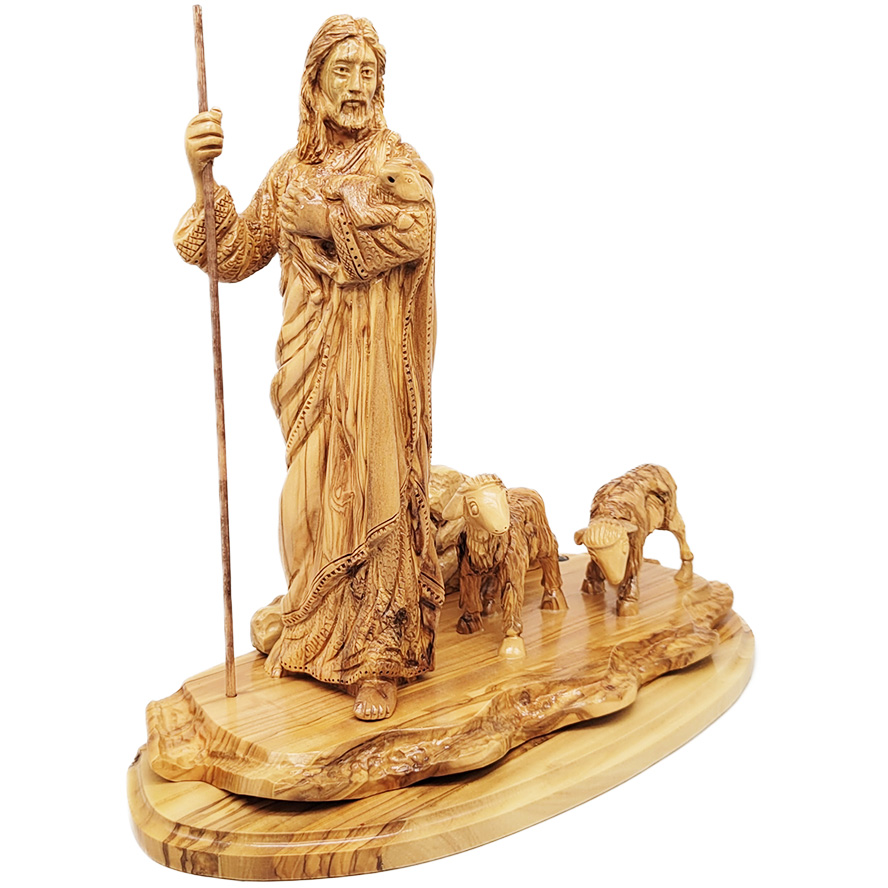 ‘Jesus the Good Shepherd’ Leading His Sheep in Green Pastures – Wooden Carving – (angle)