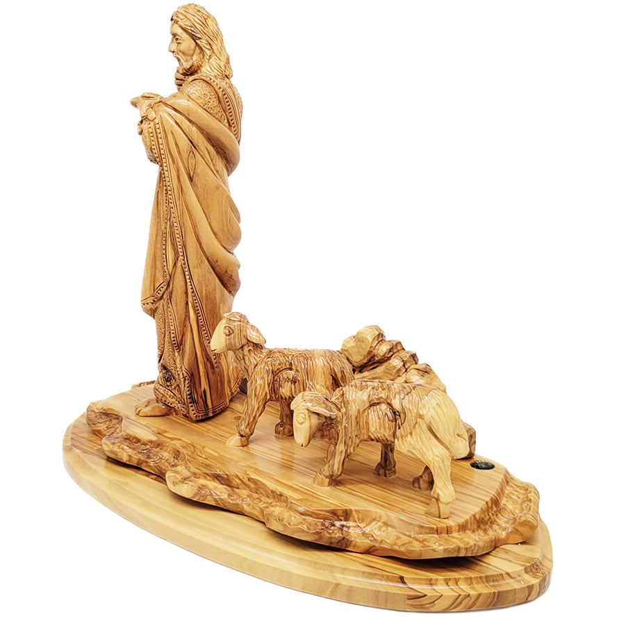 ‘Jesus the Good Shepherd’ Leading His Sheep in Green Pastures – Wooden Carving – (rear angle)