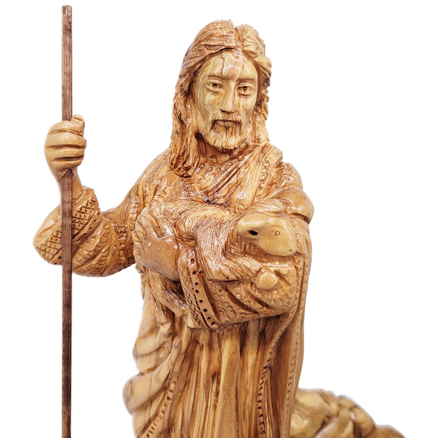 ‘Jesus the Good Shepherd’ Leading His Sheep in Green Pastures – Wooden Carving – (detail)