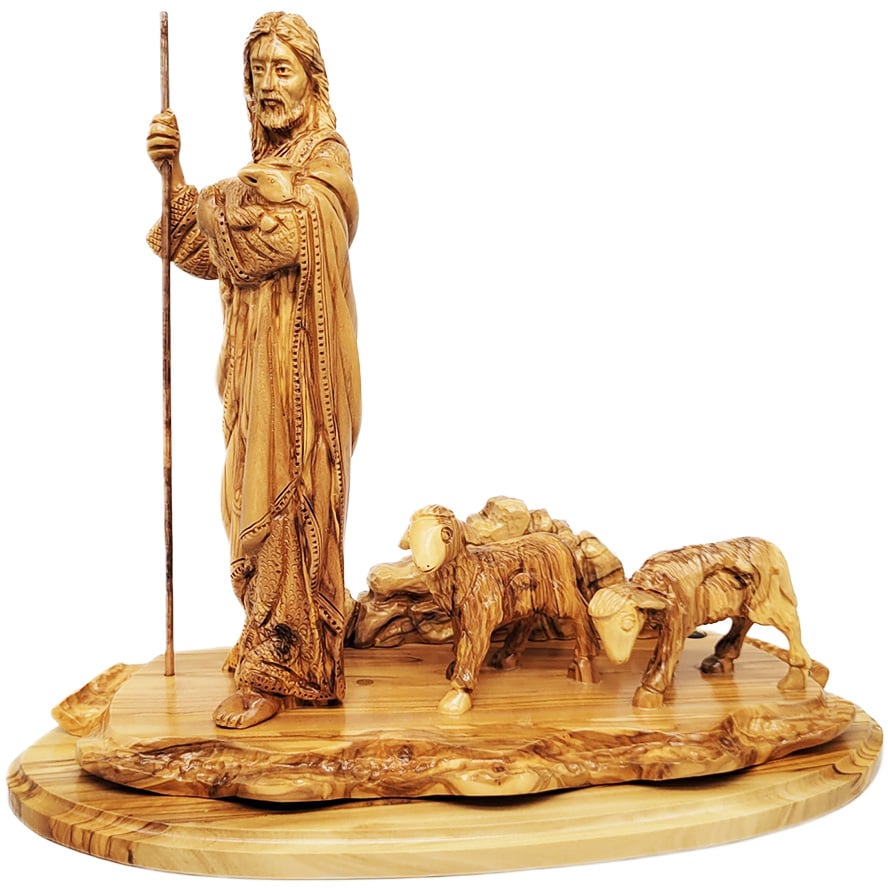 ‘Jesus the Good Shepherd’ Leading His Sheep in Green Pastures – Wooden Carving – 14″