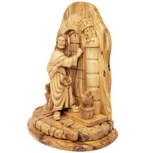 "Behold, I stand at the Door and Knock" Wooden Carving - Made in Israel (angle view)