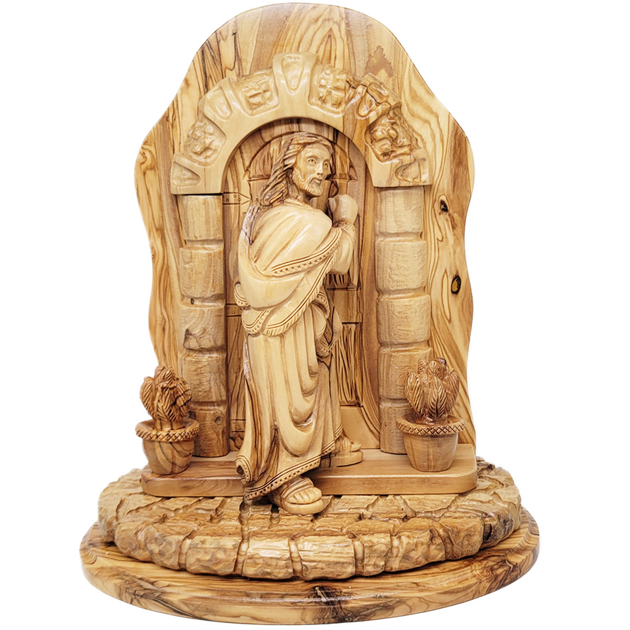"Behold, I stand at the Door and Knock" Wooden Carving - Made in Israel - 12"
