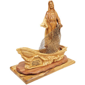 Jesus in Boat Calls for Fishers of Men - Olive Wood Carving - Made in Israel - angle view