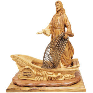 Jesus in Boat Calls for Fishers of Men - Olive Wood Carving - Made in Israel - 12"