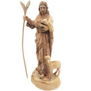 Jesus The Shepherd with 2 Lambs - Biblical Olive Wood Statue - Made in Israel - 12" (front view)
