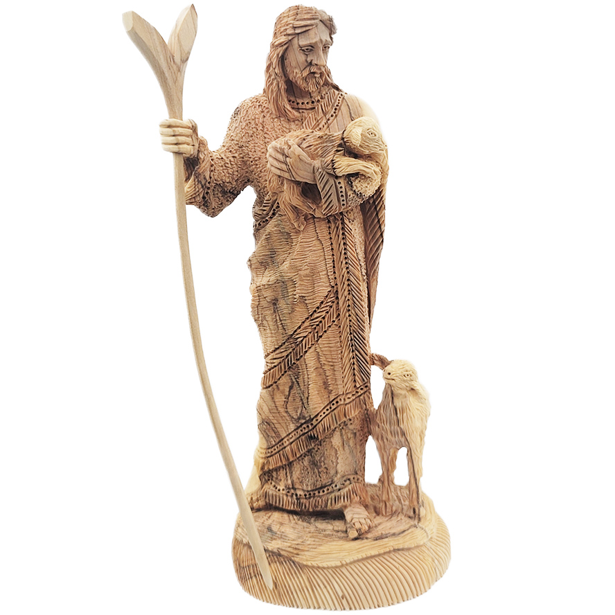 Jesus The Shepherd with 2 Lambs – Biblical Olive Wood Statue – Made in Israel – 12″