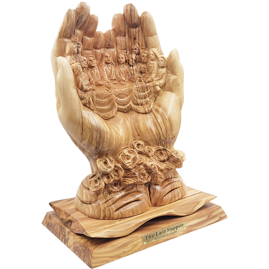 ‘The Last Supper – Held in the Hand of God’ Olive Wood Carving – Made in Israel – right view