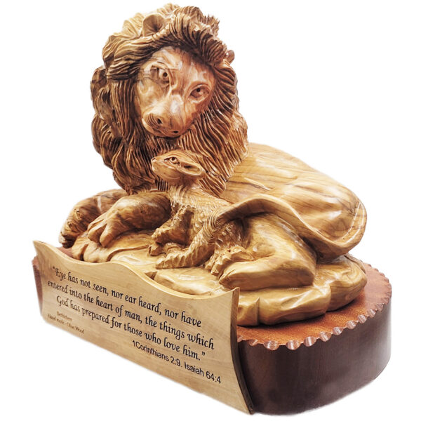 'The Lion and The Lamb' Olive Wood Carving - Made in Israel (right view)