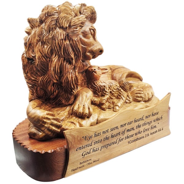 'The Lion and The Lamb' Olive Wood Carving - Made in Israel (left view)
