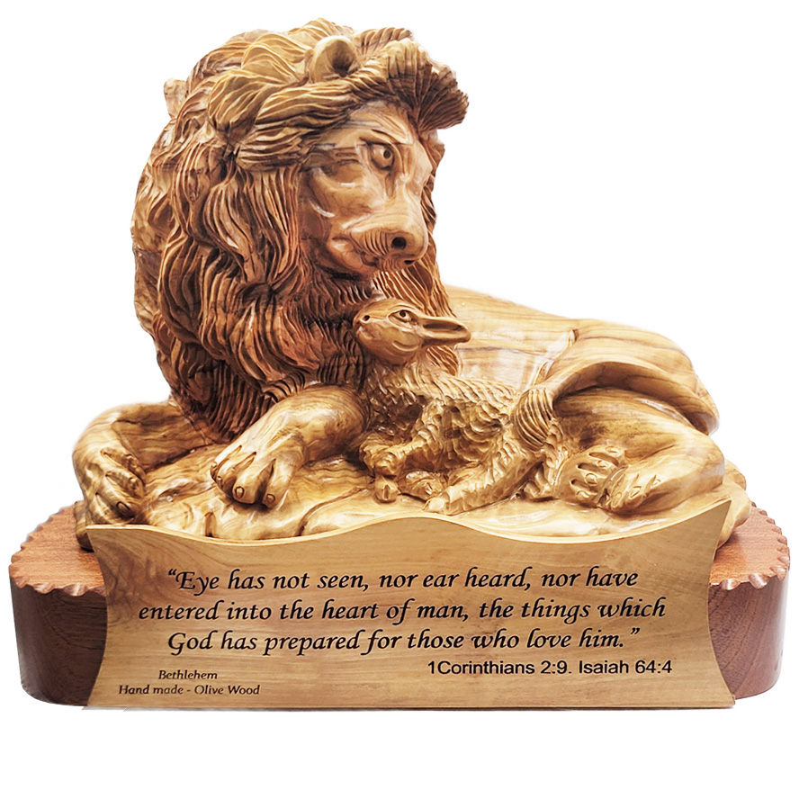 'The Lion and The Lamb' Olive Wood Carving - Made in Israel - 11"