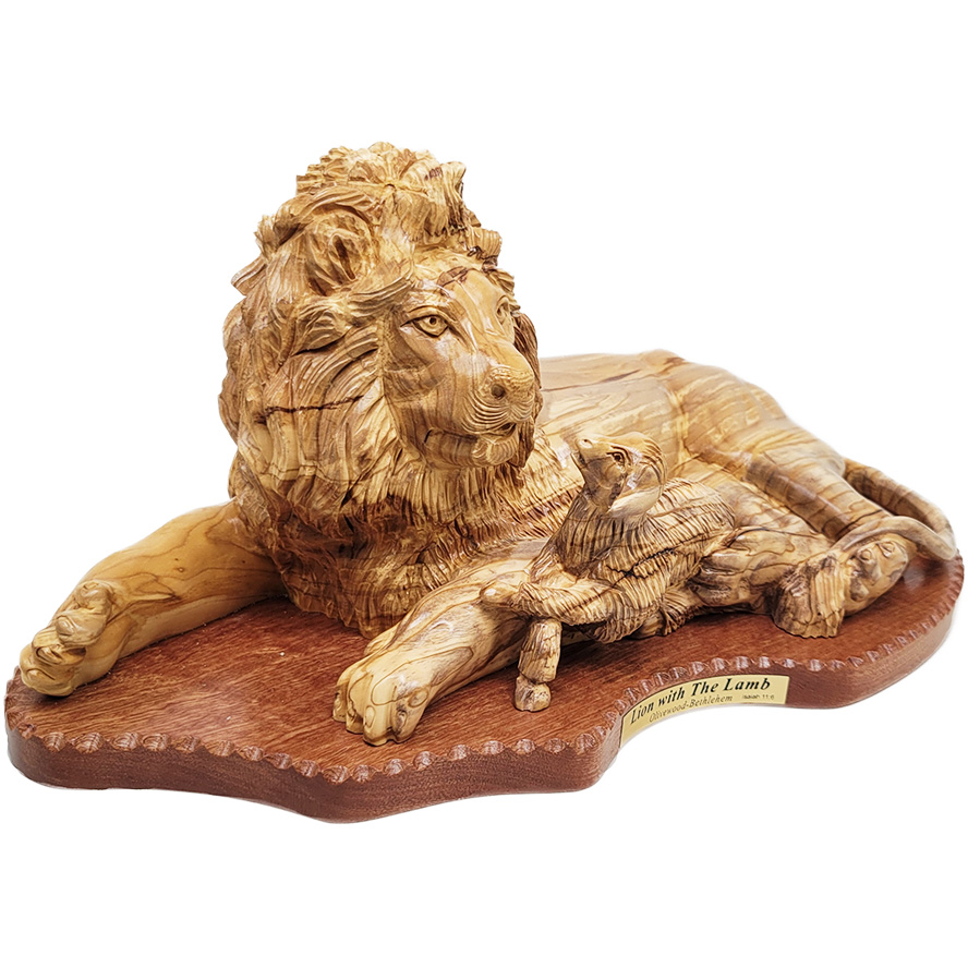 ‘The Lion of Judah – The Lamb of God’ Olive Wood Carving – Made in Israel – (angle)