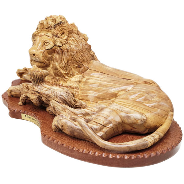 'The Lion of Judah - The Lamb of God' Olive Wood Carving - Made in Israel - (angle)