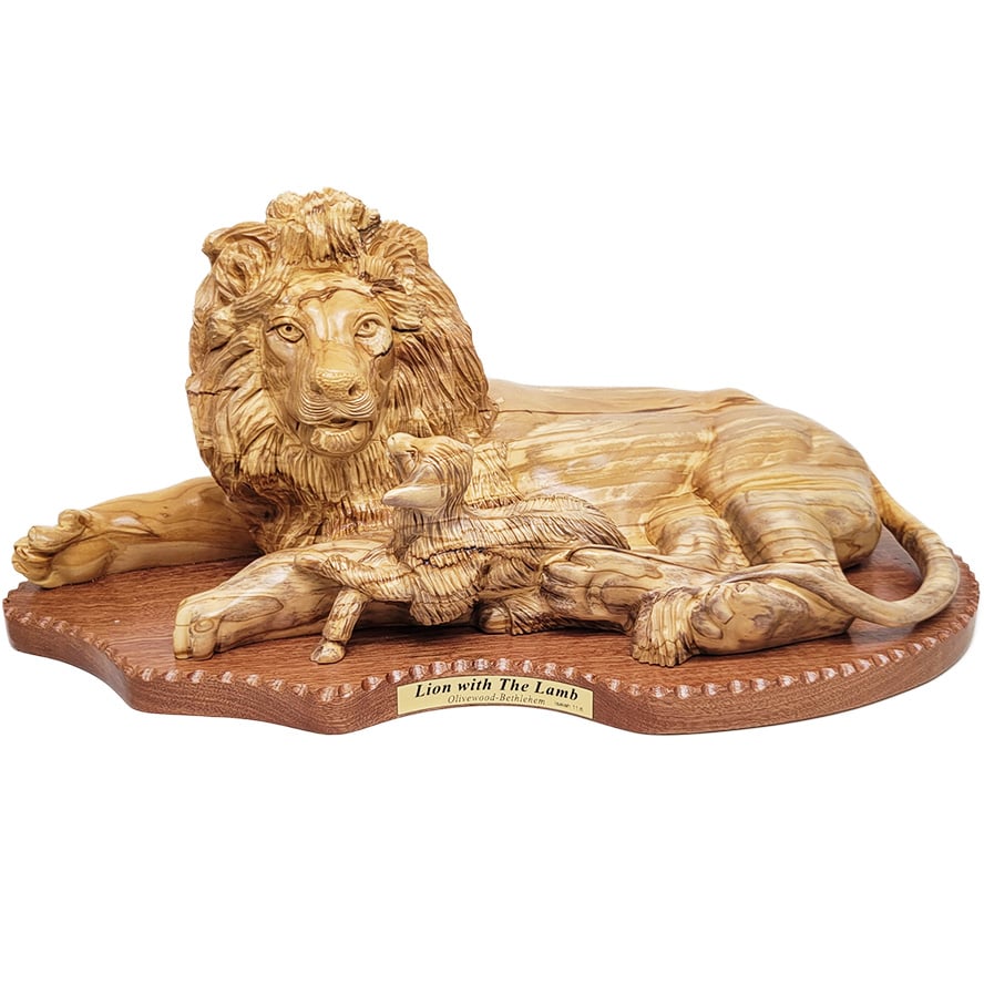 'The Lion of Judah - The Lamb of God' Olive Wood Carving - Made in Israel - 18"