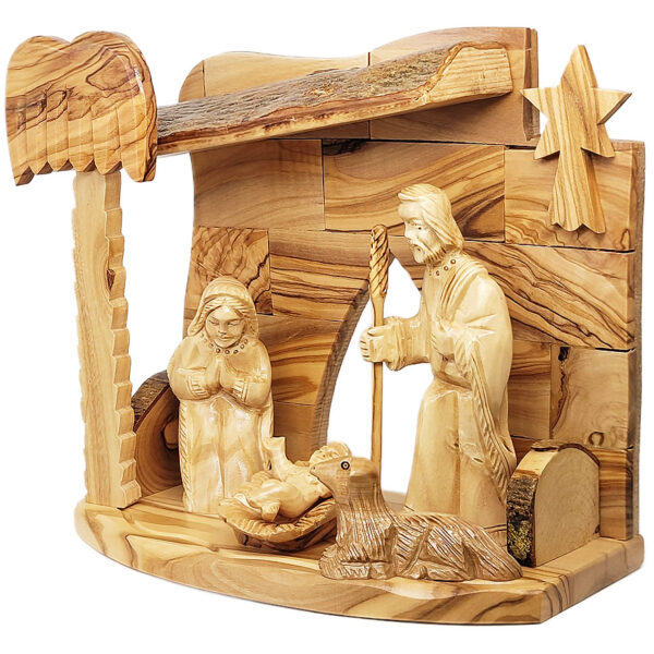 Quality Wooden Nativity Scene with Bark Roof - Made in Israel - (side view)