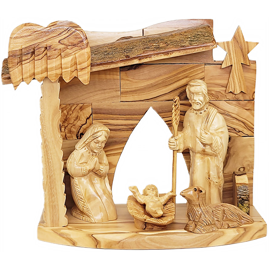 Quality Wooden Nativity Scene with Bark Roof - Made in Israel - 7"