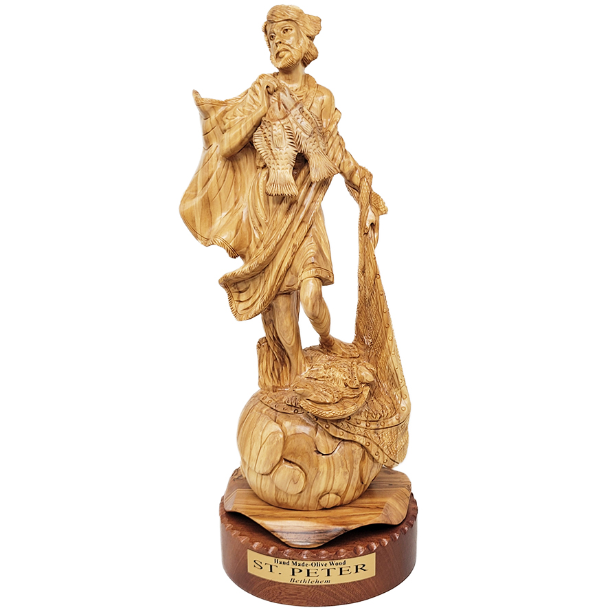 St. Peter the Fisherman – Olive Wood Carving – Made in Israel – 16″