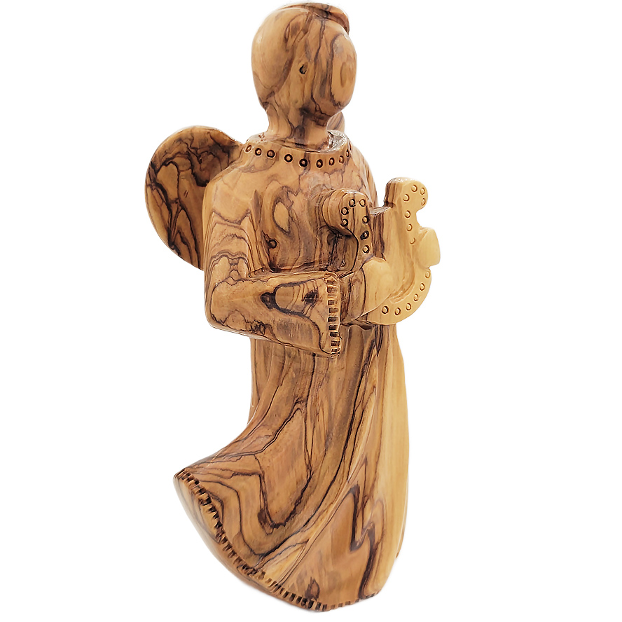Faceless Angel Playing the Harp – Olive Wood Carving – Made in Israel – (side view)