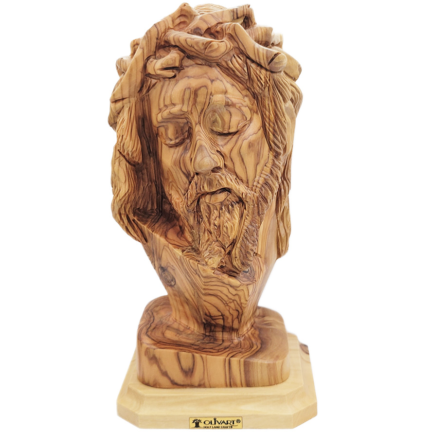 Jesus Wearing the Crown of Thorns - Olive Wood Carving - Handmade in Israel - 8"