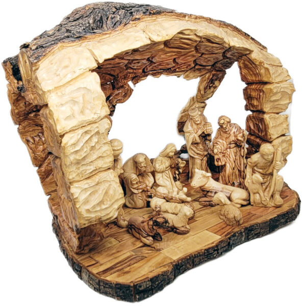 Cave Wooden Nativity Set - Hand Carved Log - left view