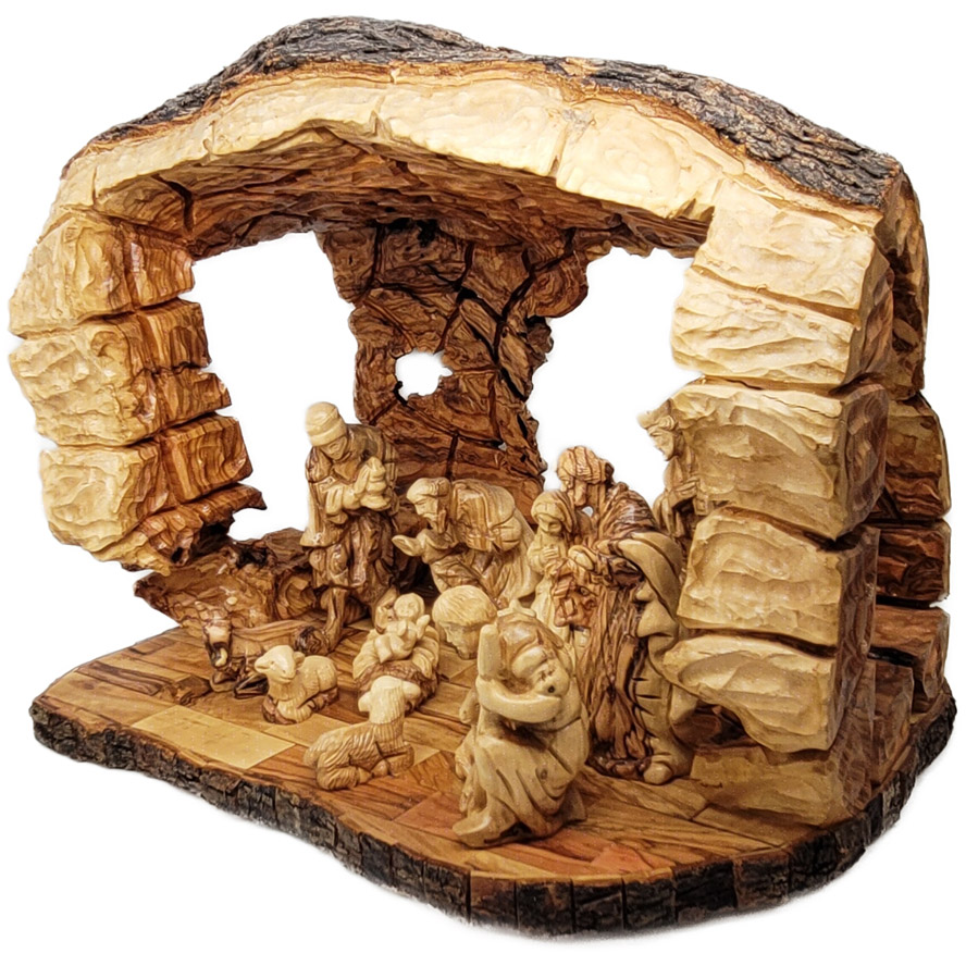 Cave Wooden Nativity Set – Hand Carved Log – right view