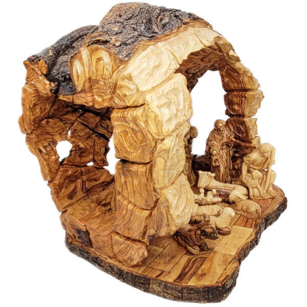 Cave Wooden Nativity Set - Hand Carved Log - side view