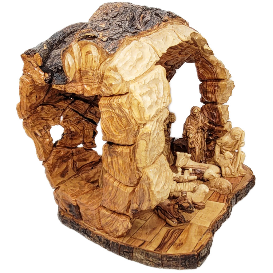 Cave Wooden Nativity Set – Hand Carved Log – side view