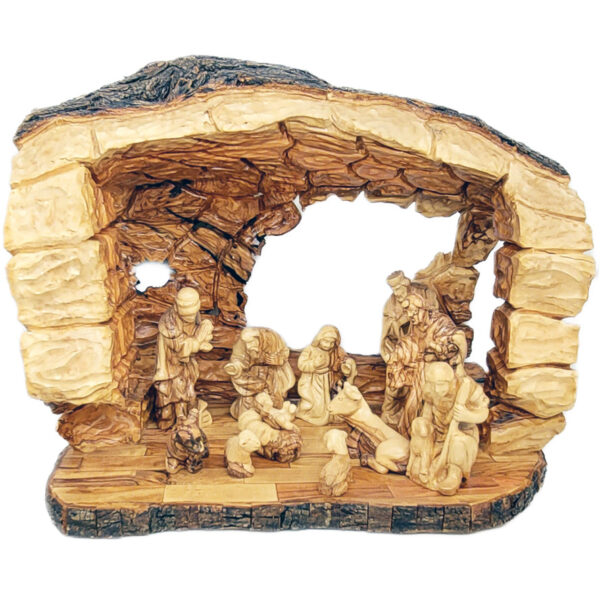 Cave Wooden Nativity Set - Hand Carved Log - Made in Israel - 16"