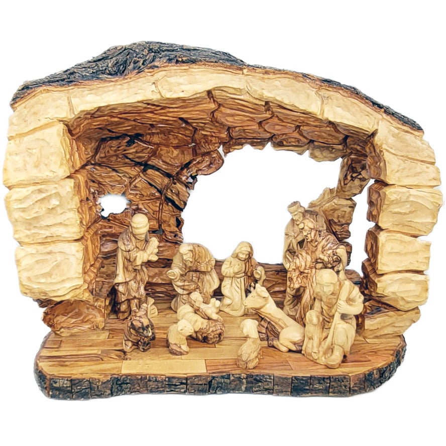 Cave Wooden Nativity Set – Hand Carved Log – Made in Israel – 16″