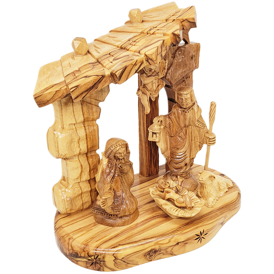 Wooden Arched Door Nativity with Angel – Made in Israel – 8″