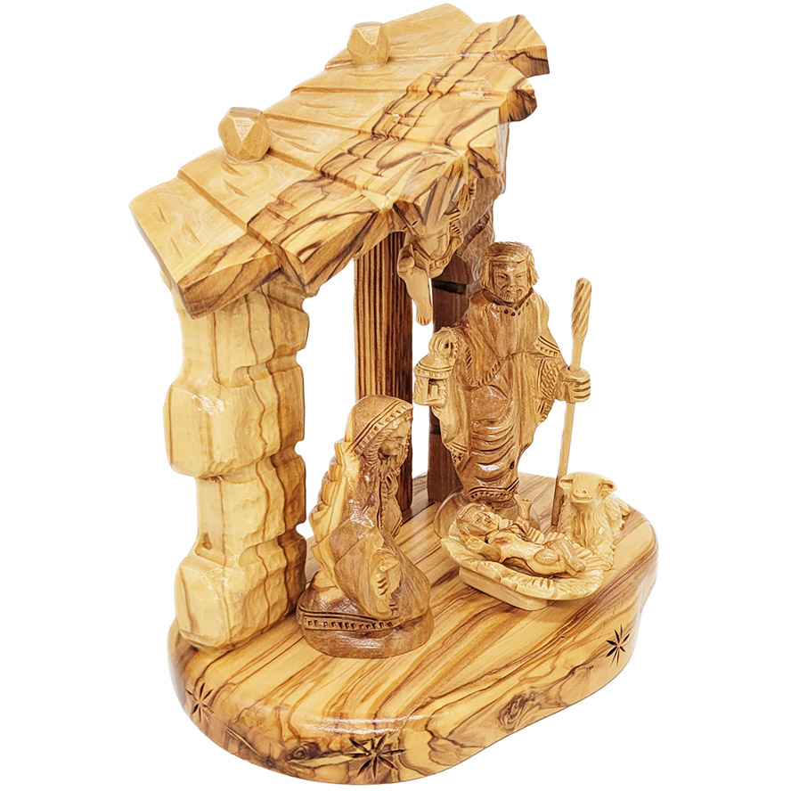 Hand Carved Wooden Nativity from Israel with an Angel – 8″
