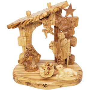 Arched Door Nativity with Angel - Wooden Creche - Made in Israel - 8"