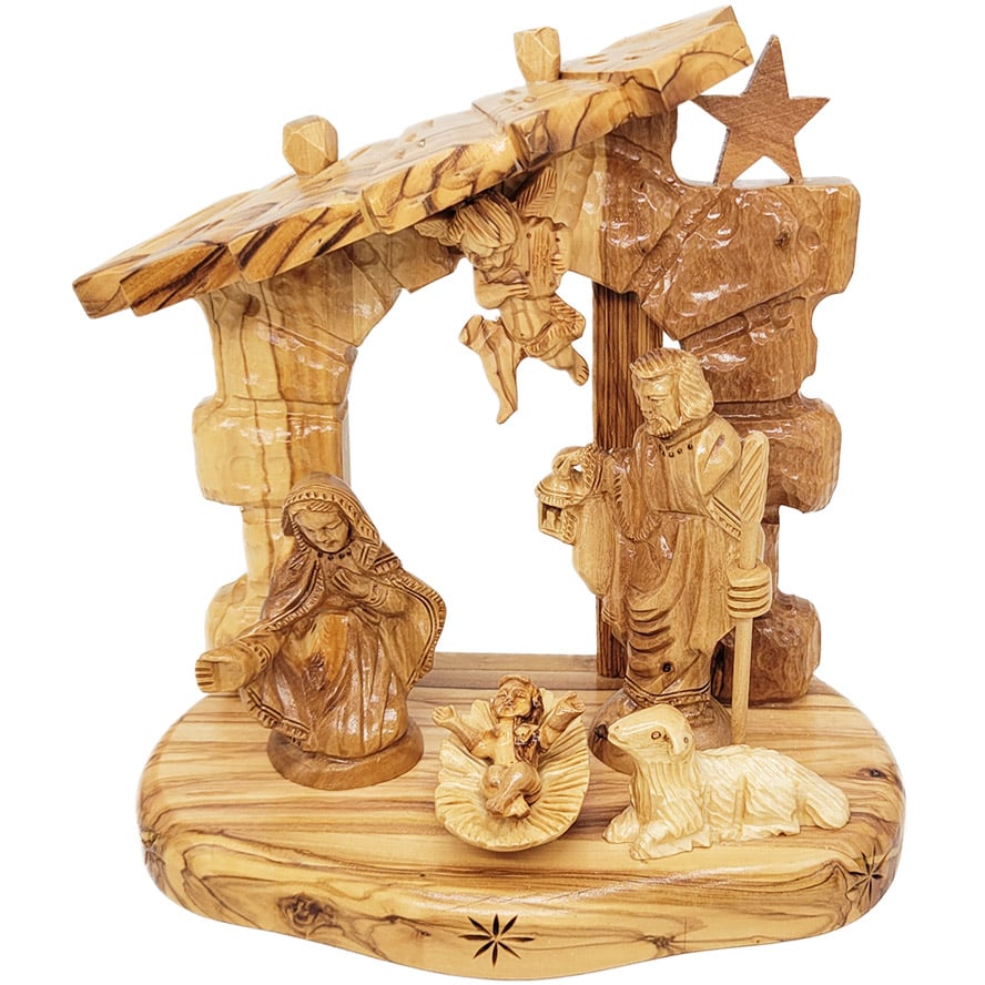 Wooden Arched Door Nativity with Angel - Made in Israel - 8"