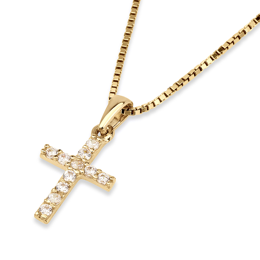 14k Gold Cross Necklace with Sparkling Zircon – Made in Israel