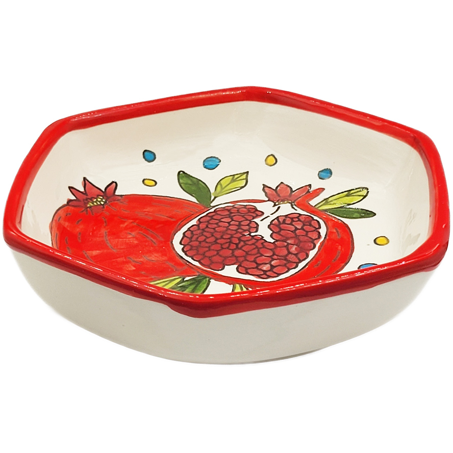 Jerusalem Ceramic ‘Pomegranate’ Design – Hexagonal Dish from Israel – 5.5″