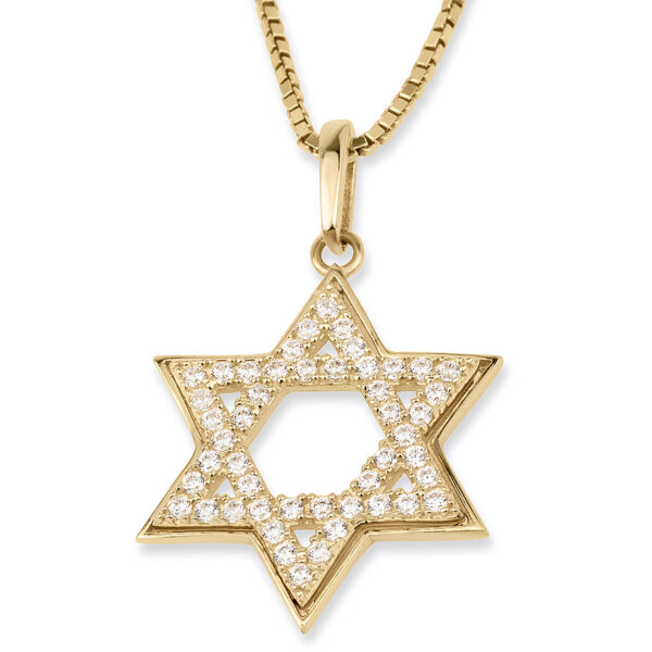 14k Gold Star of David Necklace with Sparkling Zircon - Made in Israel (front)