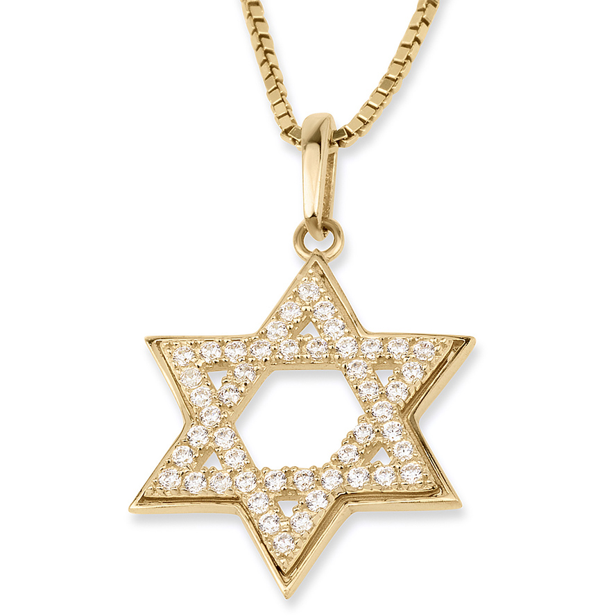 14k Gold Star of David Necklace with Sparkling Zircon – Made in Israel (front)