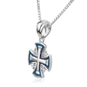 Sterling Silver 'Jerusalem Cross' with Blue Enamel - Engraved (angle view)
