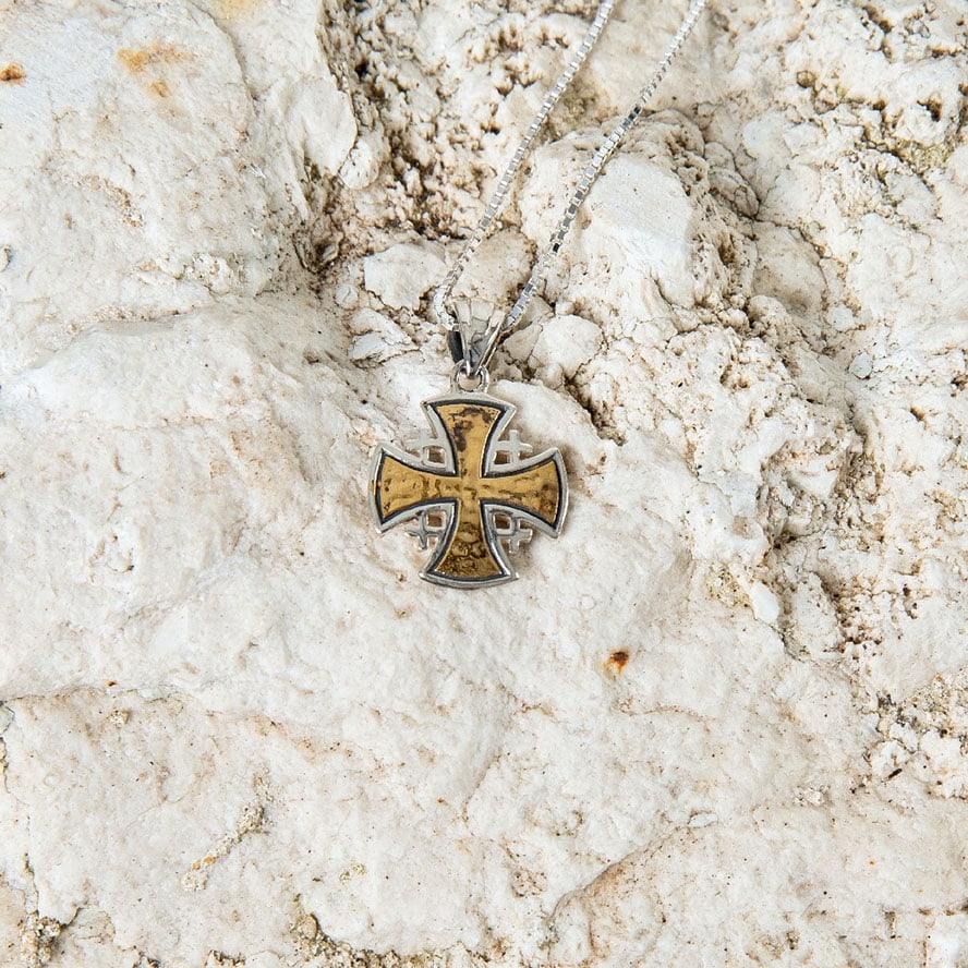 Byzantine Design Sterling Silver Pendant Golden Jerusalem Cross – (Laying on stone)
