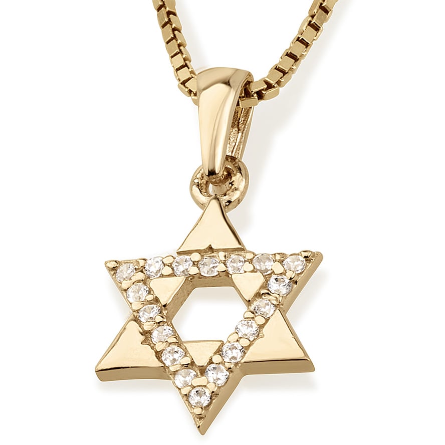 Designer 14k Gold Star of David Necklace with Zirconia – Made in Israel by Marina Jewelry (detail)