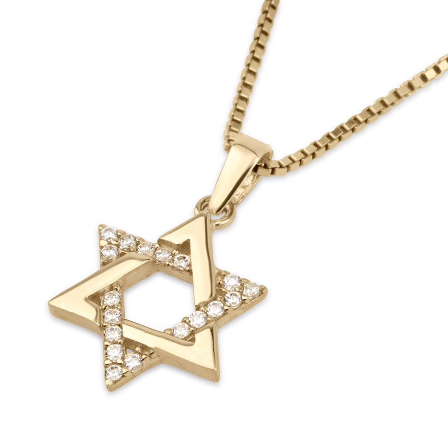 Woven 14k Gold Star of David Necklace with Zircon - Made in Israel by Marina Jewelry
