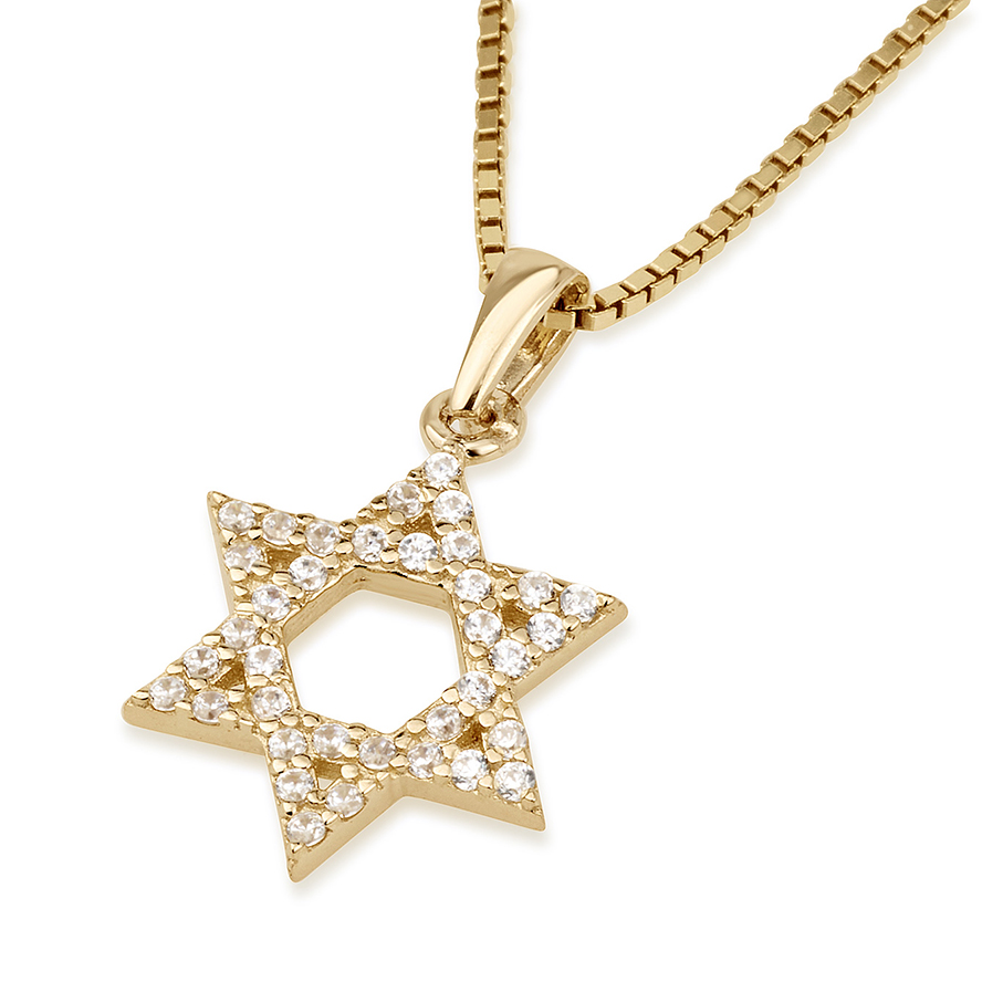 14k Gold Star of David Necklace with Dazzling Zirconia - Made in Israel by Marina Jewelry