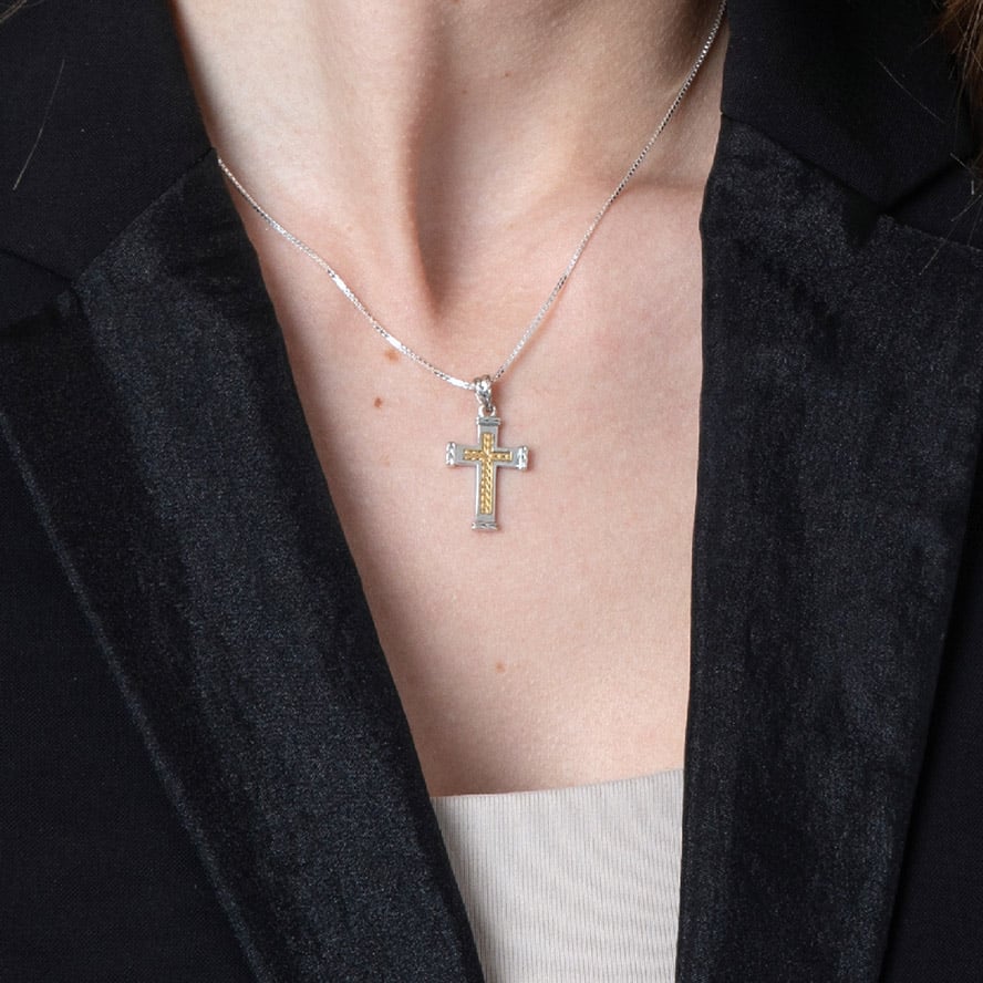 ‘At The Cross’ Sterling Silver Necklace – Gold Plated Cross Center – by Marina Jewelry (detail)